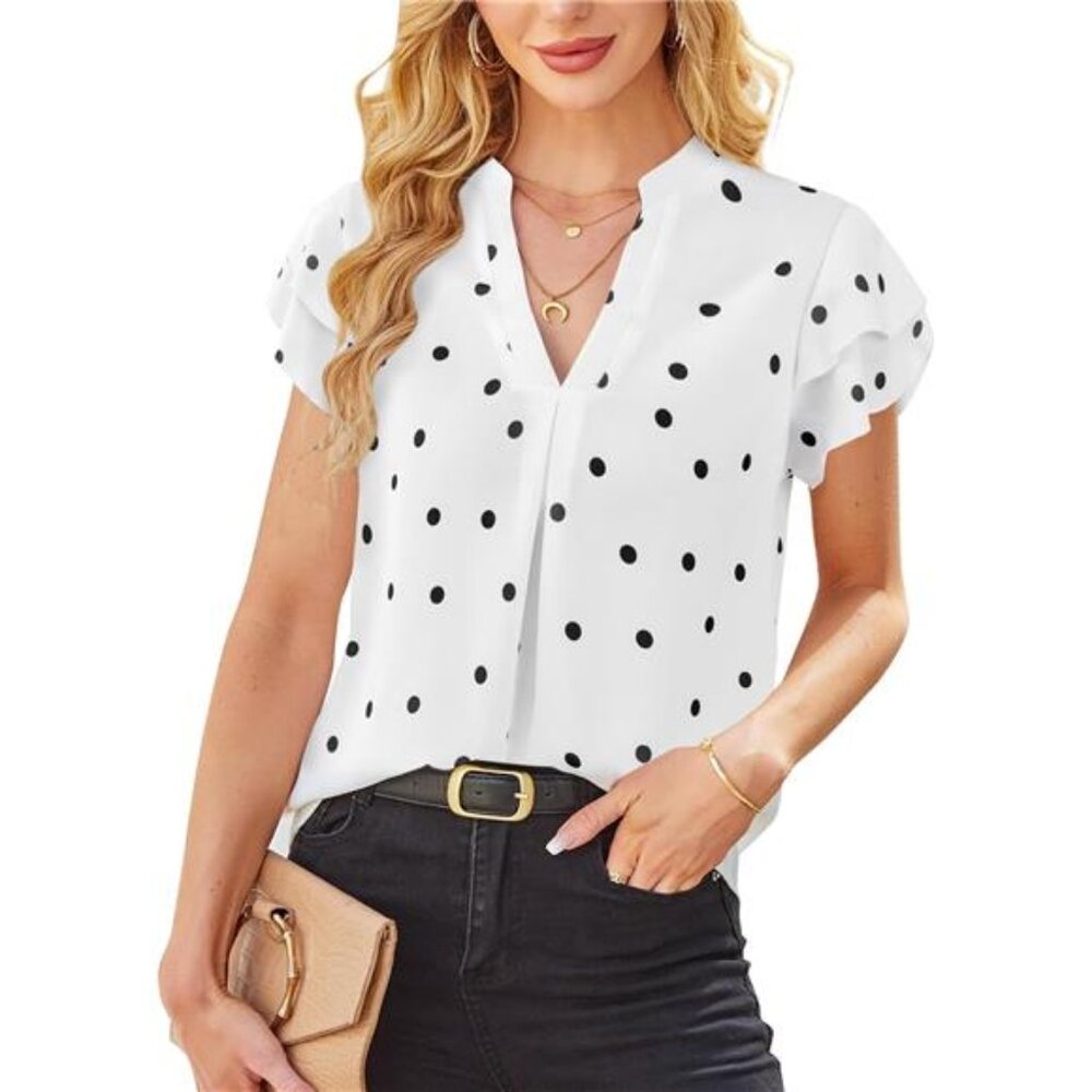 Women's Color Block V Neck Blouse | Shirt | Short Sleeve | Top | Polkadot